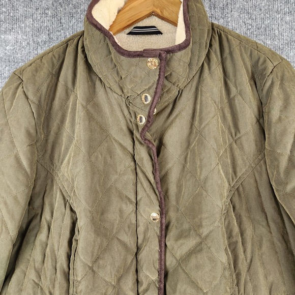 Nautica Jacket Womens Quilted Barn Green Faux Shearling Lined Elbow Patch XL - Picture 2 of 13
